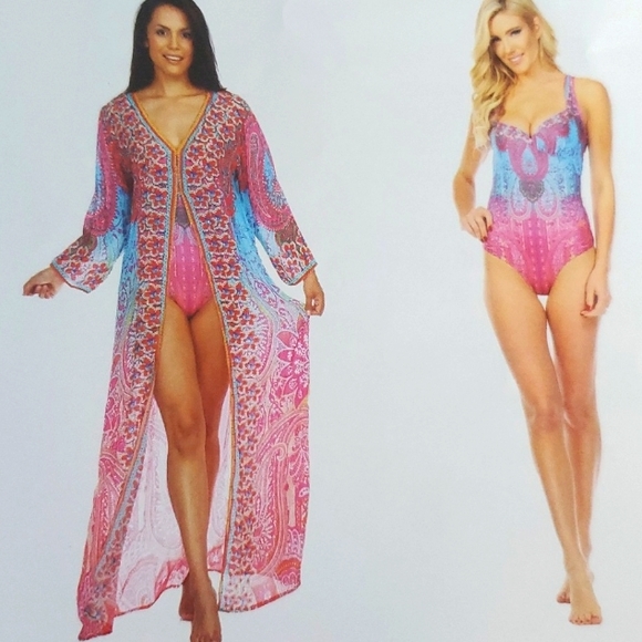 NEW SET LA MODA TRUE COLORS 100% SILK KAFTAN AND SWIMSUIT - Picture 1 of 7